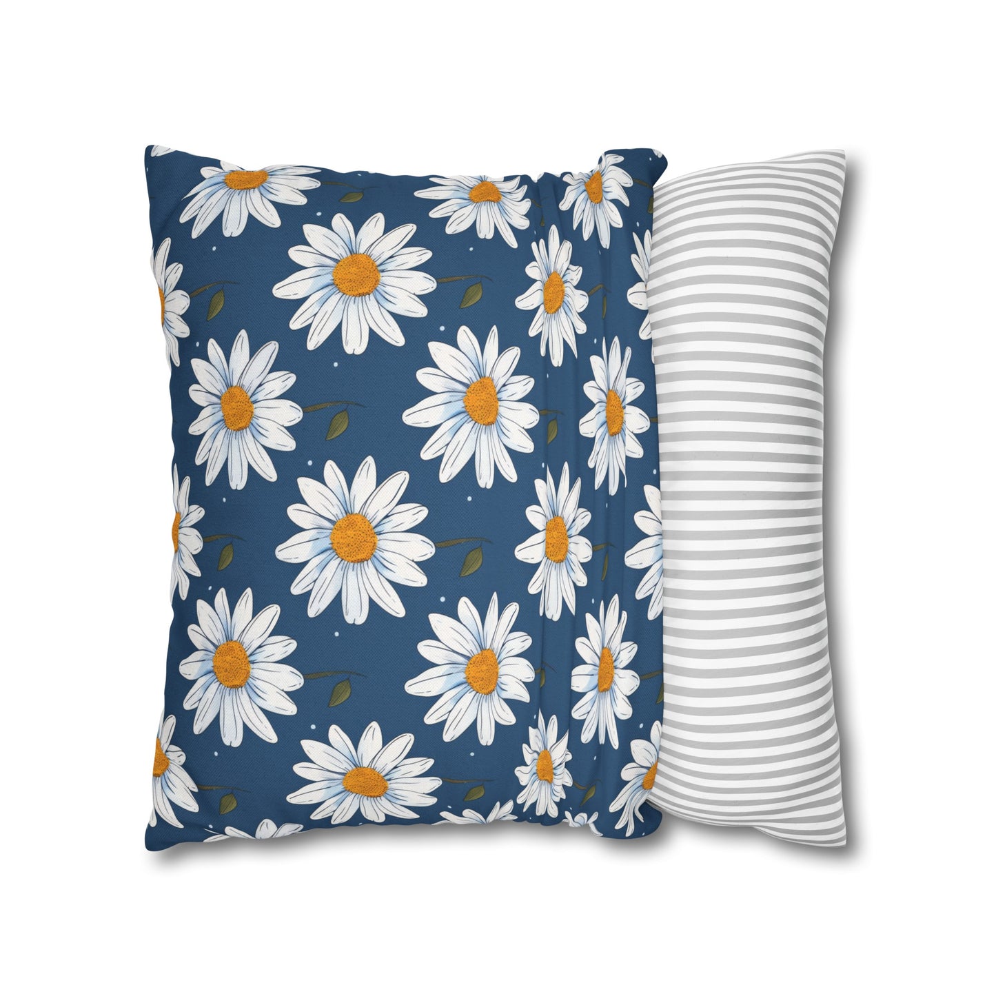 Elegant White Daisies on Navy Blue Background Spun Polyester Square Pillowcase 4 Sizes