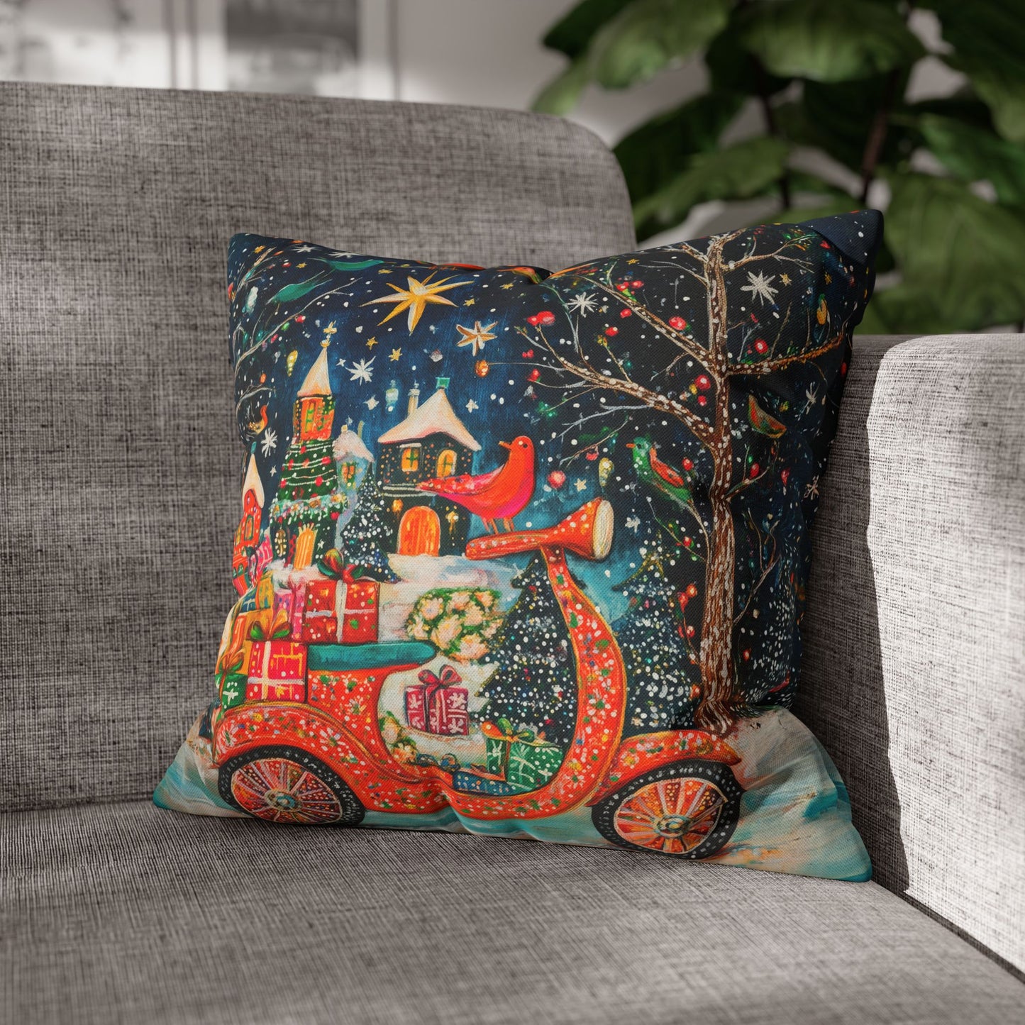 Yuletide Express Festive Scooter Filled with Gifts Spun Polyester Square Pillowcase 4 Sizes