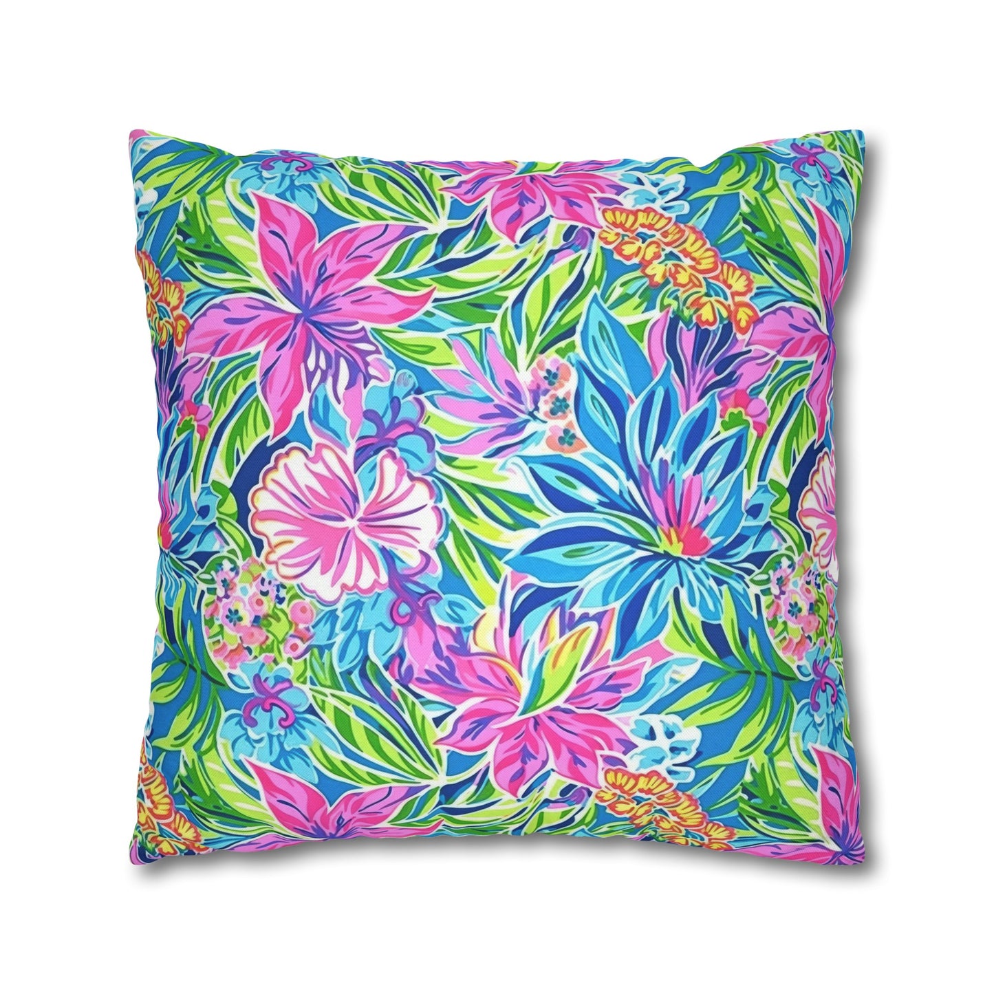 Summer Harmony: Pink and Blue Blooms with Lush Green Leaves Spun Polyester Square Pillowcase 4 Sizes