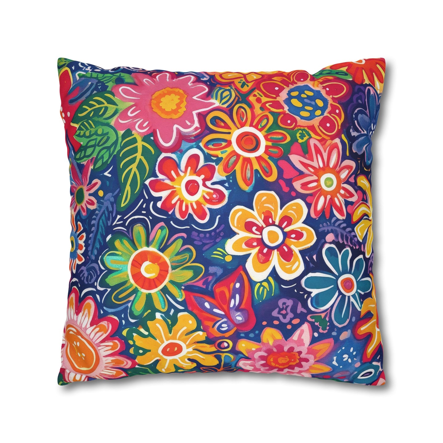 Fluttering Kaleidoscope: Vibrant Multicolor Flowers and Butterflies in Flight Spun Polyester Square Pillowcase 4 Sizes