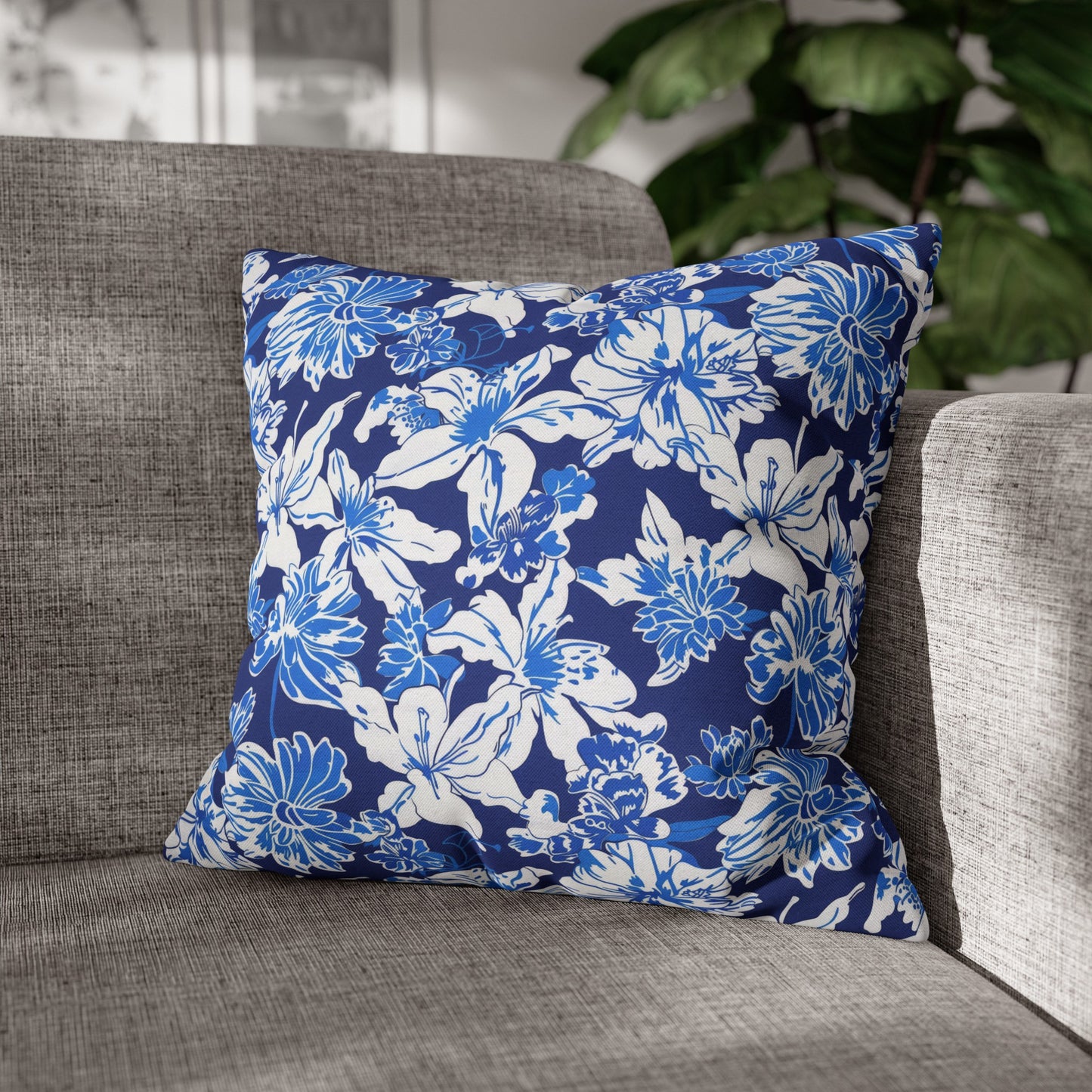 Oceanic Bloom: Watercolor Tropical Flowers in White and Blue against a Deep Blue Background Spun Polyester Square Pillowcase 4 Sizes