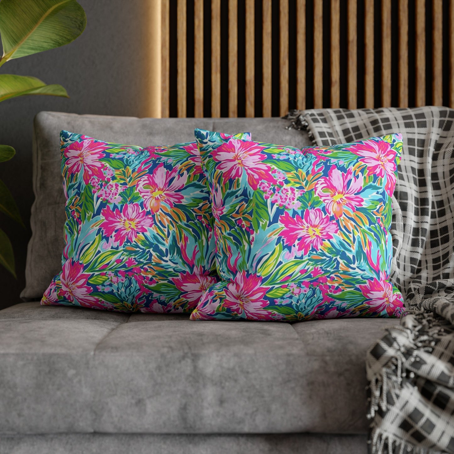 Sunlit Symphony: Large Blooms of Pink, Blue, and Green in Watercolor Spun Polyester Square Pillowcase 4 Sizes