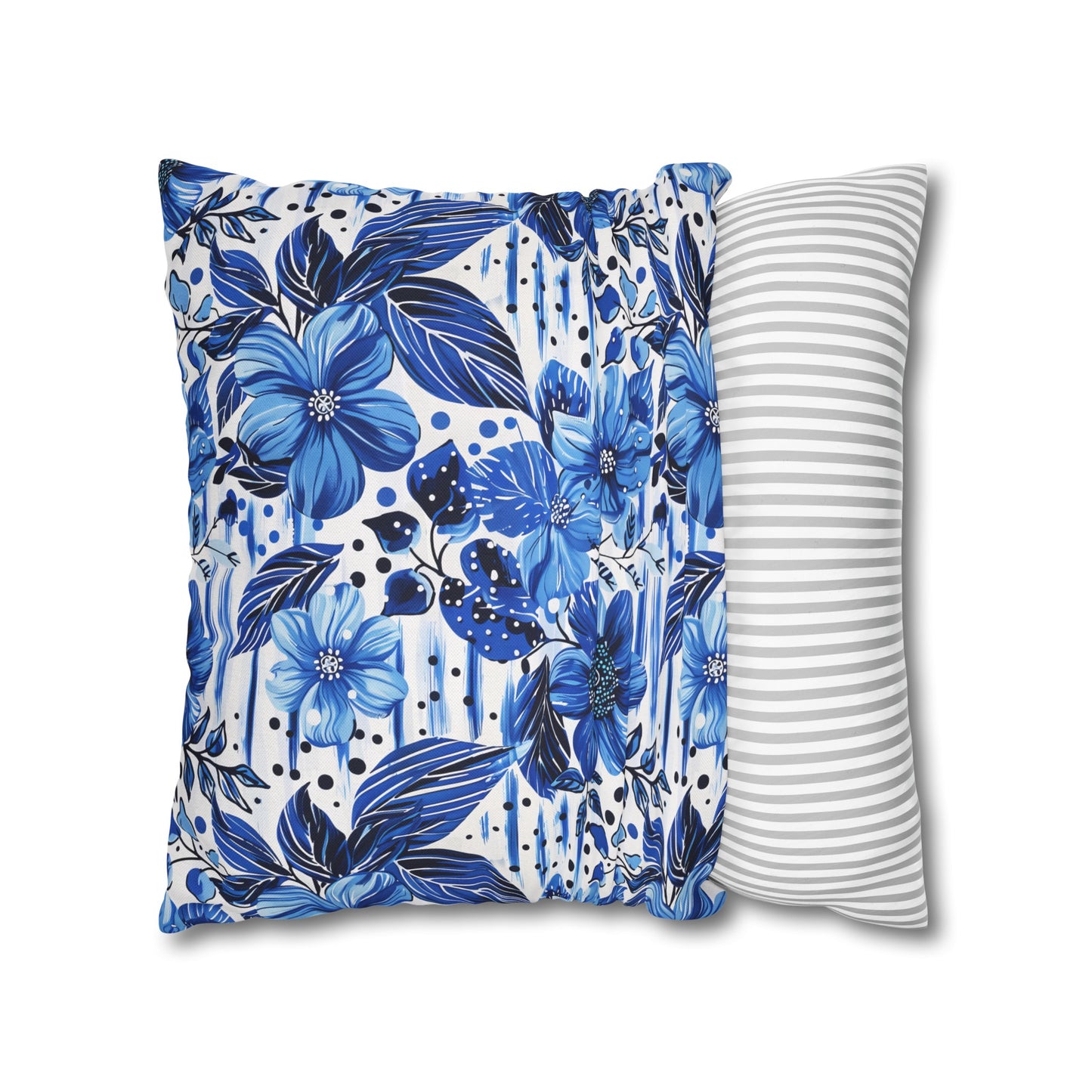 Floral Symphony in Shades of Blue, Harmonized with Abstract Lines Spun Polyester Square Pillowcase 4 Sizes