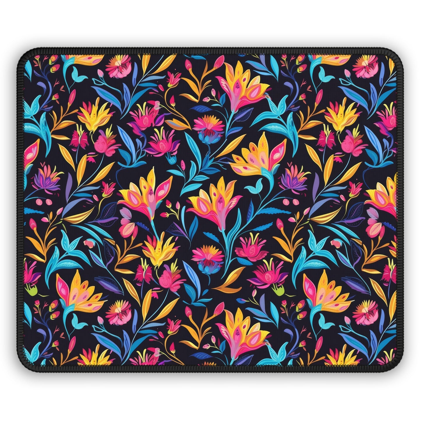 Vibrant Floral Fantasy in Midnight Garden Gaming Mouse Pad with Finished Edges