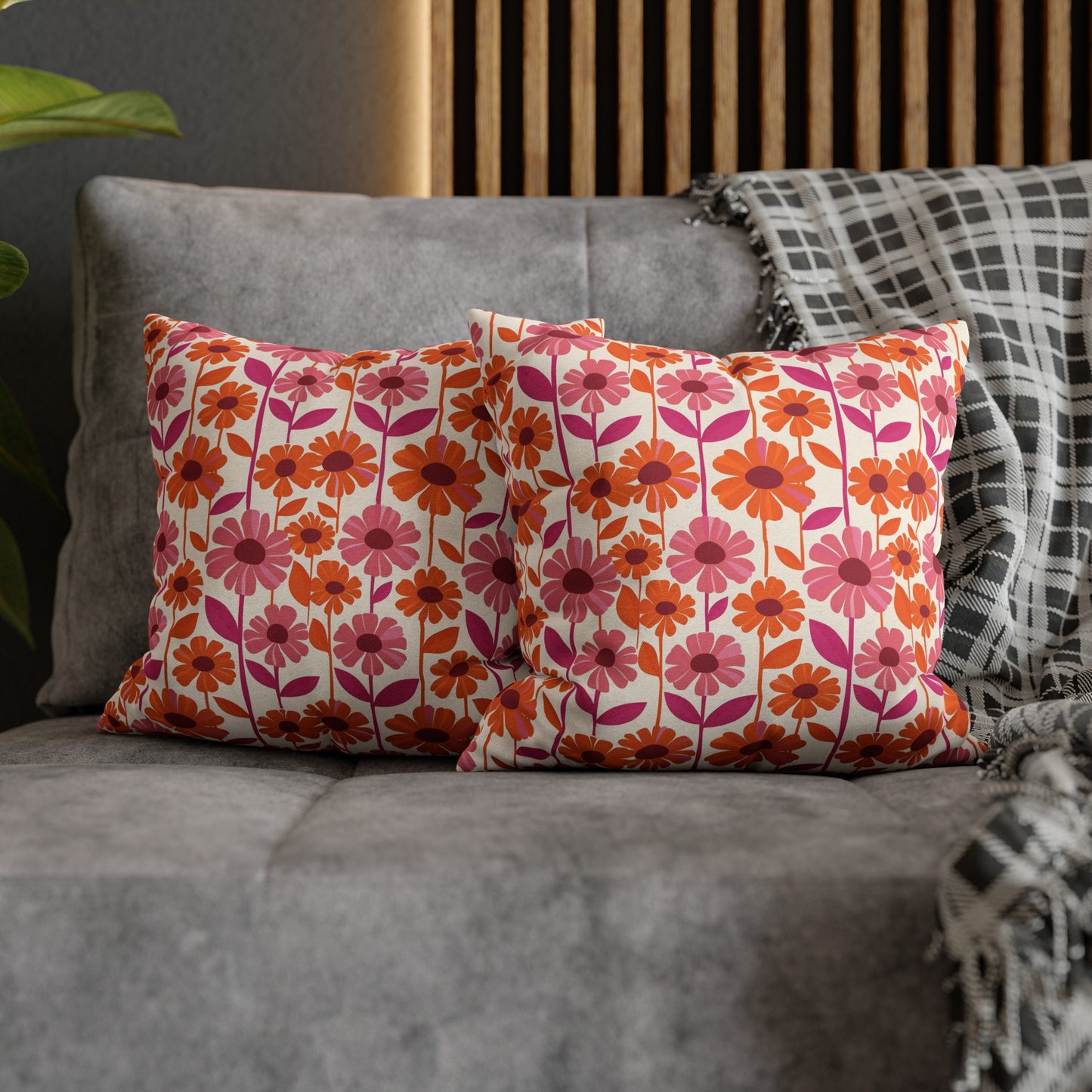 Retro Floral Bliss with Bold Pink and Orange Flower Design Spun Polyester Square Pillowcase 4 Sizes