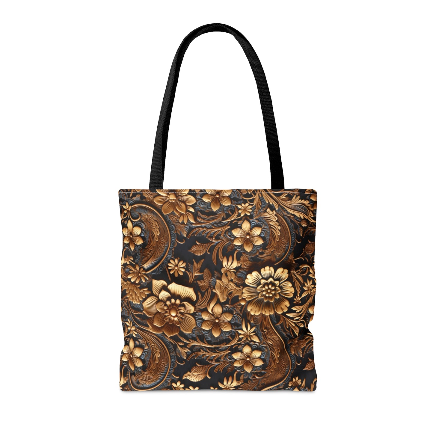 Tooled Leather Large Gold Flowers with Blue Leaf Swirl Accents Print Design  - Canvas Tote 3 Sizes