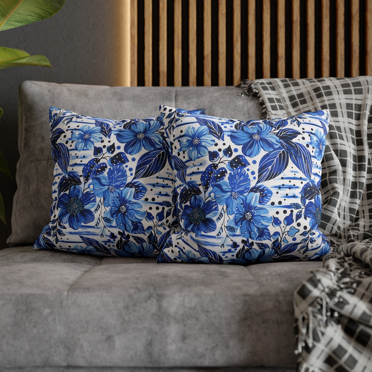 Floral Symphony in Shades of Blue, Harmonized with Abstract Lines Spun Polyester Square Pillowcase 4 Sizes