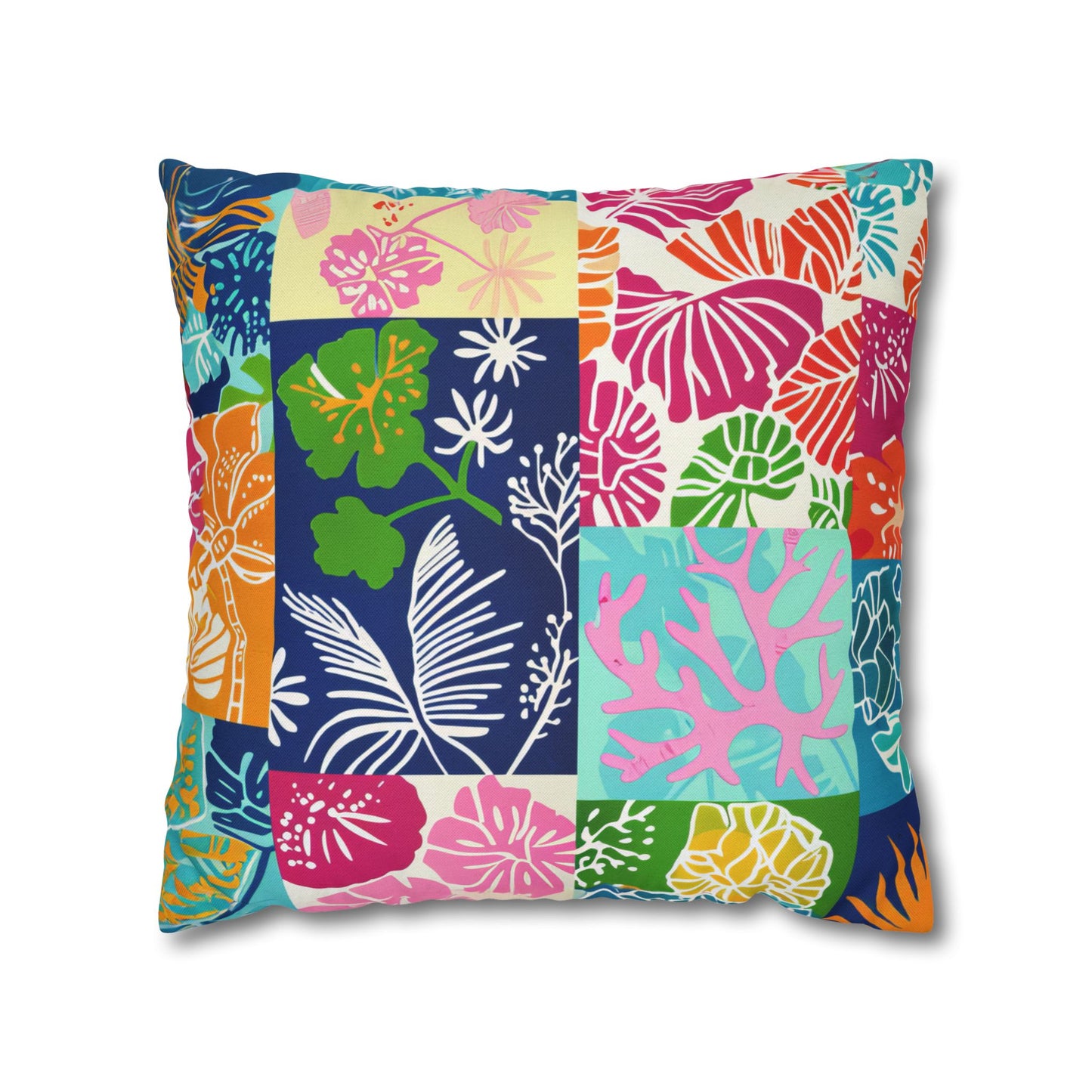 Vibrant Mosaic of Tropical Unique Shapes and Hues, from Vivid Oranges to Deep Blue Leaves and Flowers Spun Polyester Square Pillowcase 4 Sizes