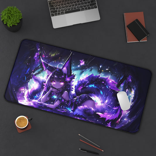 Anime Kitsune Fox Girl Mousepad, Glowing Purple Eyes and Magical Tails Desk Mat, Extra Large Mousepad, Gaming Desk Mat, Desktop Accessory
