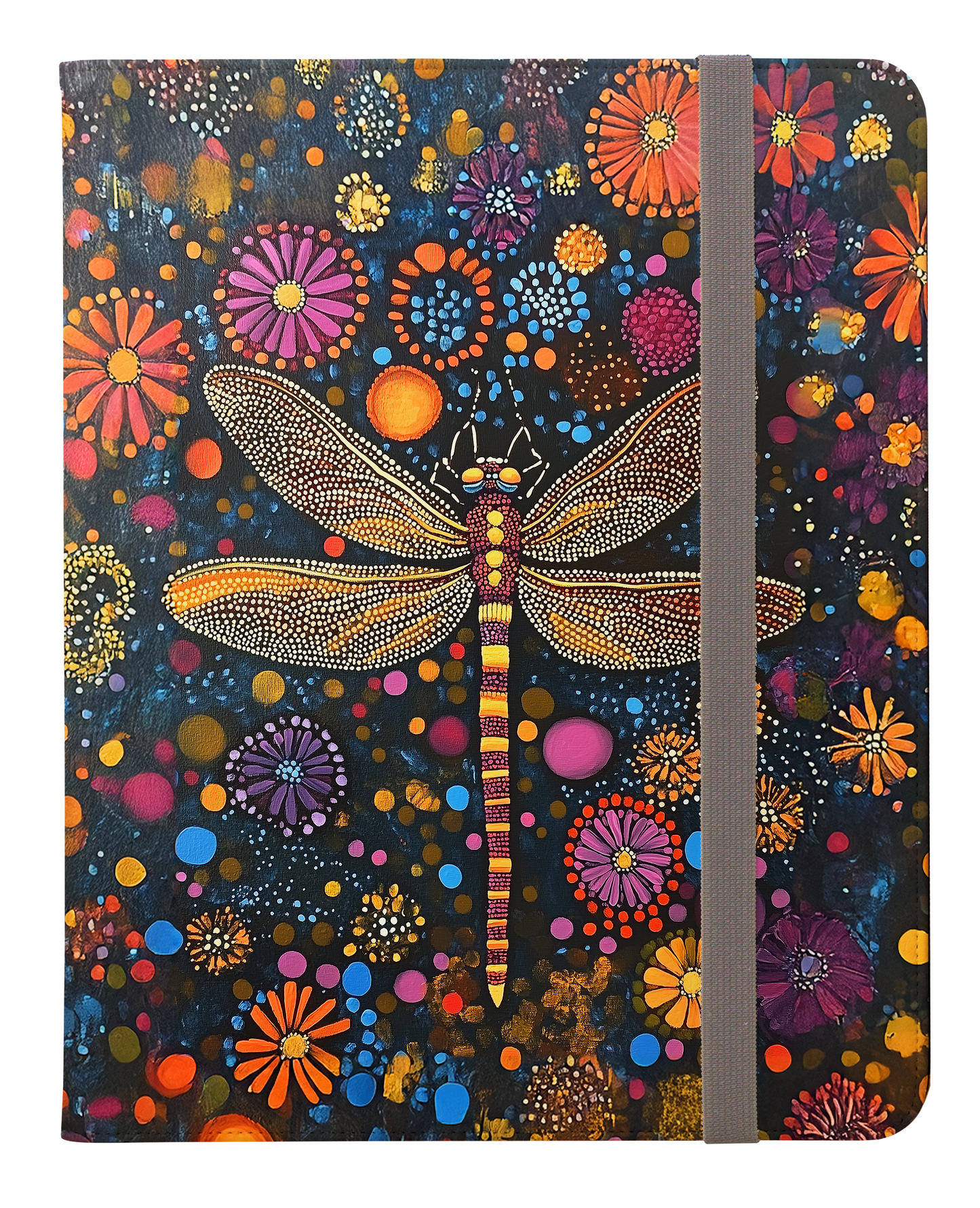 Vibrant Dragonfly Amidst a Kaleidoscope of Dot-Painted Blooms Protective iPad Pro 11 & Pro 12.9 Protective Case and Pencil Holder