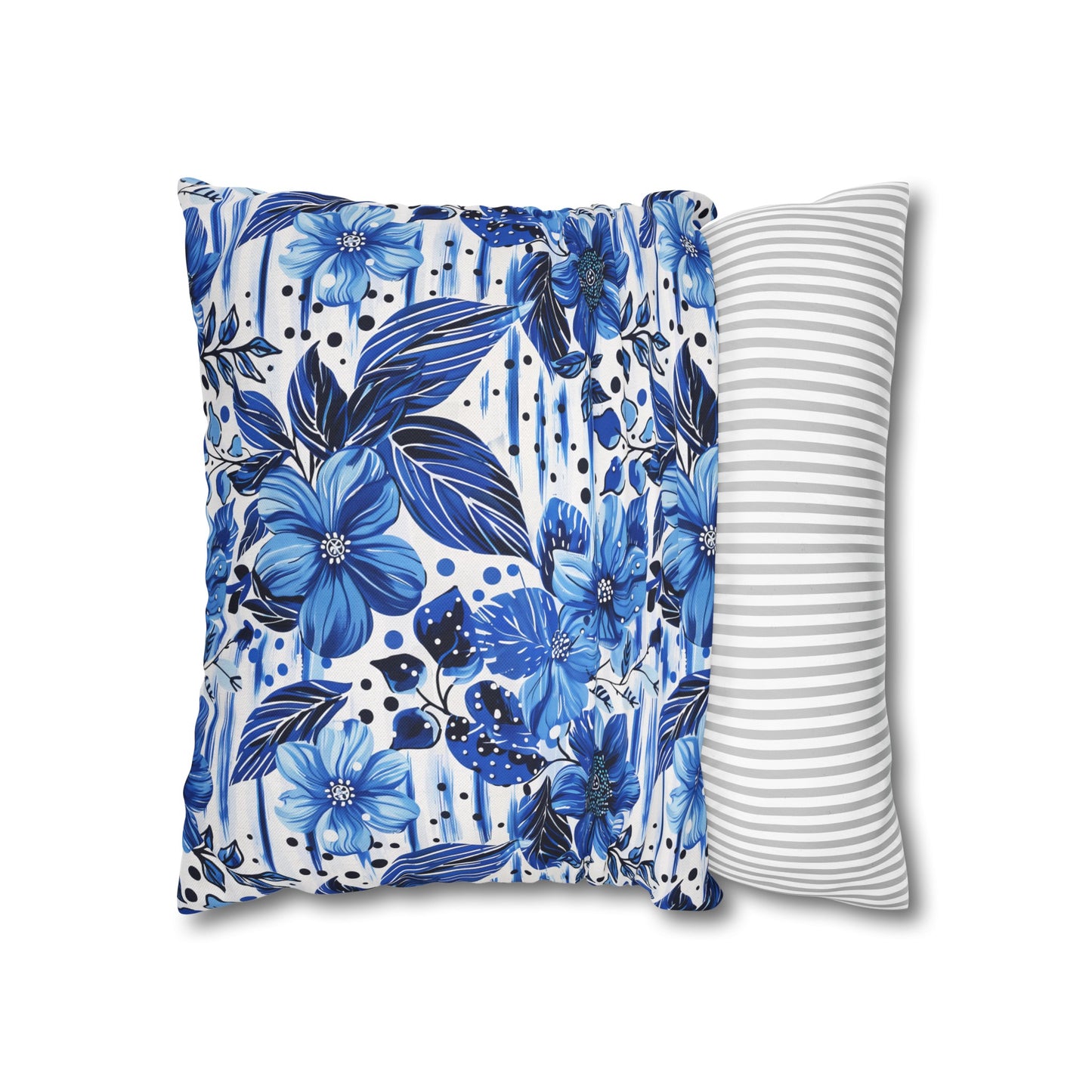 Floral Symphony in Shades of Blue, Harmonized with Abstract Lines Spun Polyester Square Pillowcase 4 Sizes