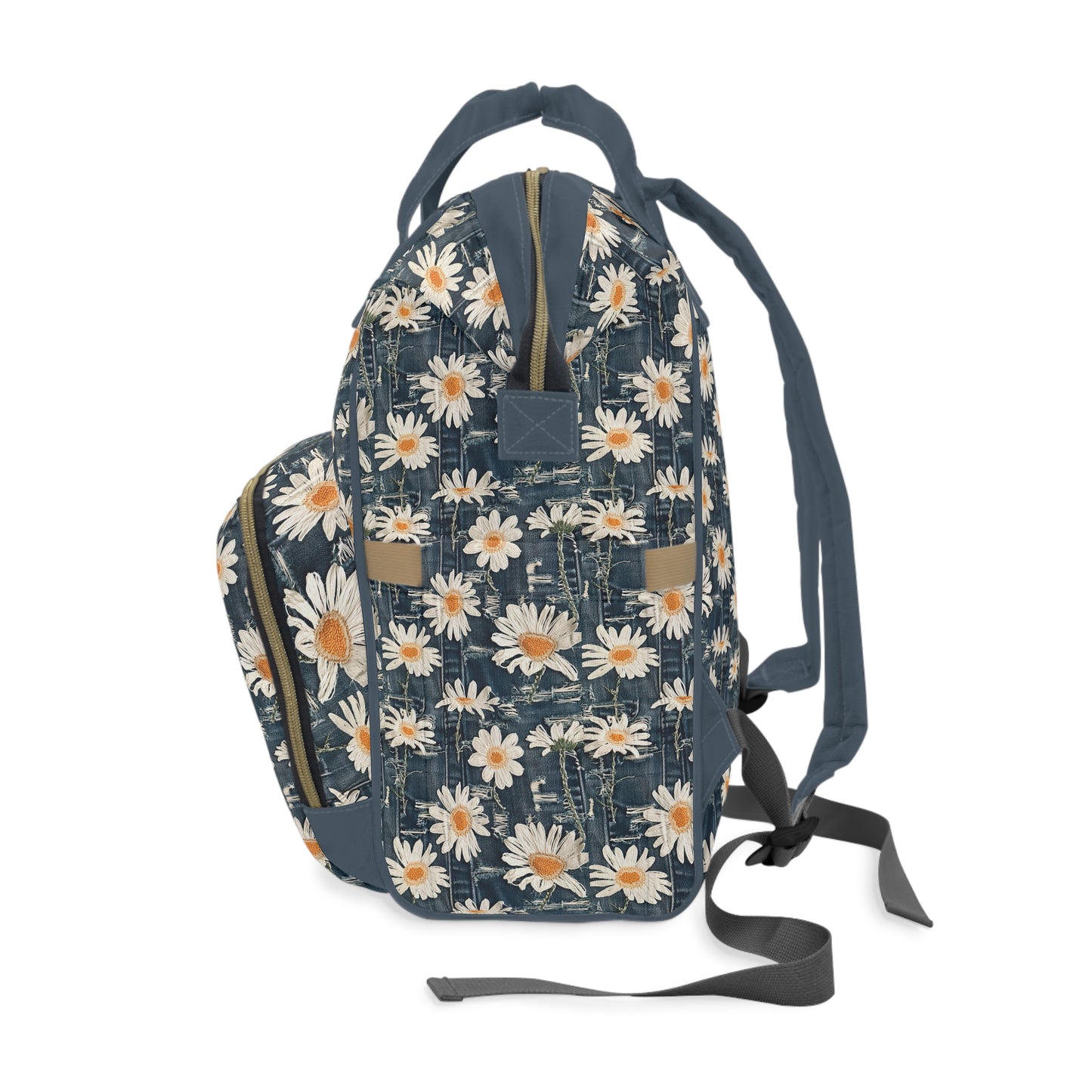 Daisy Dreams: Worn Dark Denim with White Embroidered Daisies Multifunctional Diaper Backpack