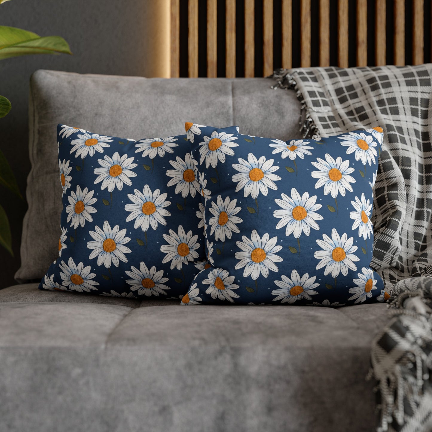 Elegant White Daisies on Navy Blue Background Spun Polyester Square Pillowcase 4 Sizes