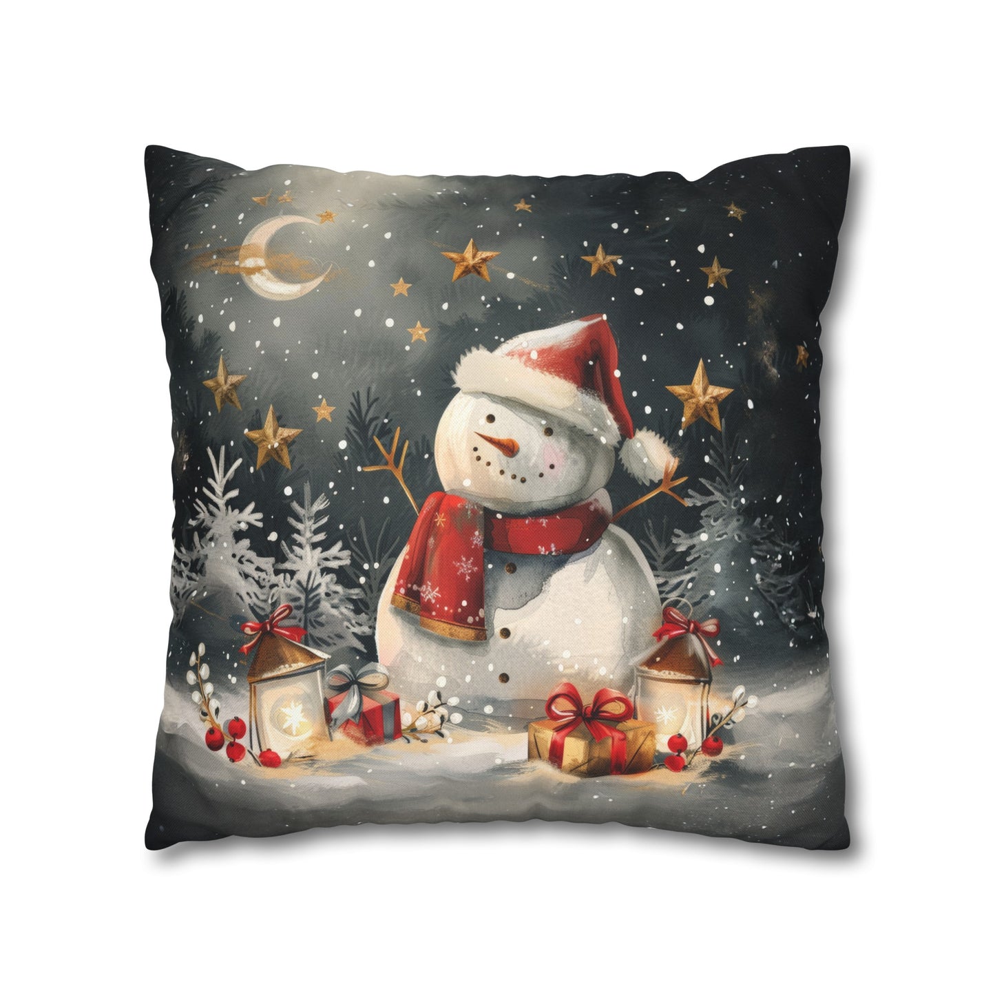 Snowman Beneath a Canopy of Stars, Surrounded by Presents Spun Polyester Square Pillowcase 4 Sizes