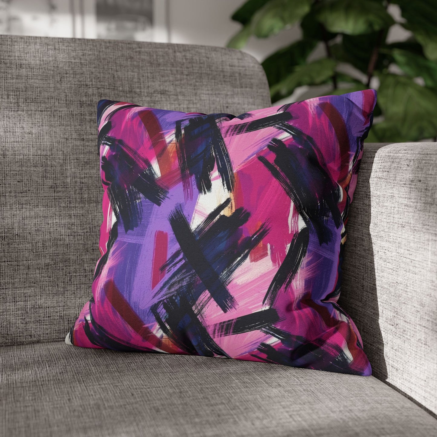 Vibrant Rebellion Brush Strokes in Hot Pink and Cool Purple on a Moody, Dark Background Spun Polyester Square Pillowcase 4 Sizes