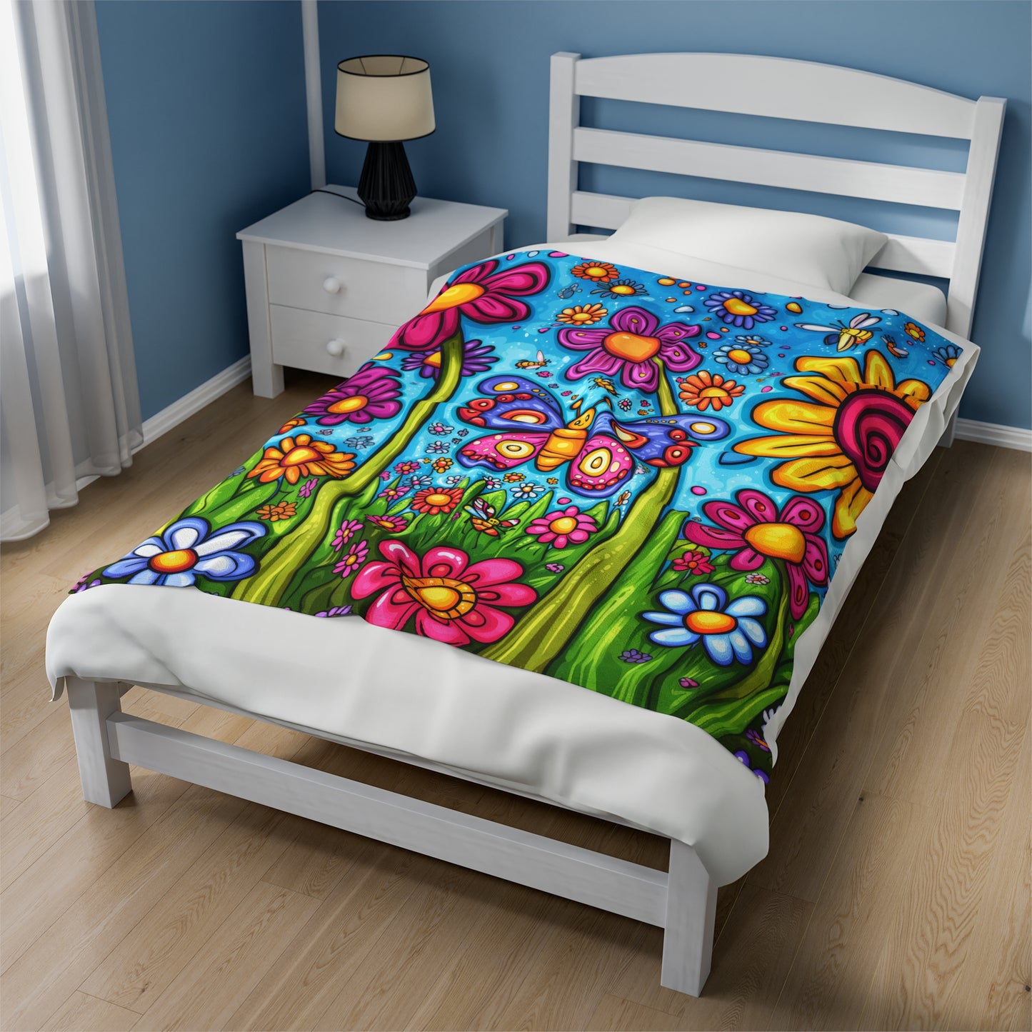 Vibrant Butterfly in Floral Fantasy with Bees and Blossoms Velveteen Plush Blanket 3 Sizes