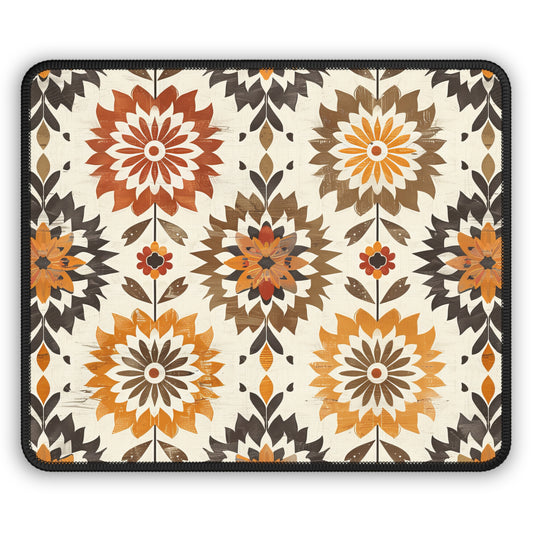 Boho Chic Earth Tone Floral and Folk Art Design in Burnt Orange, Deep Brown, and Creamy Beige Gaming Mouse Pad with Finished Edges