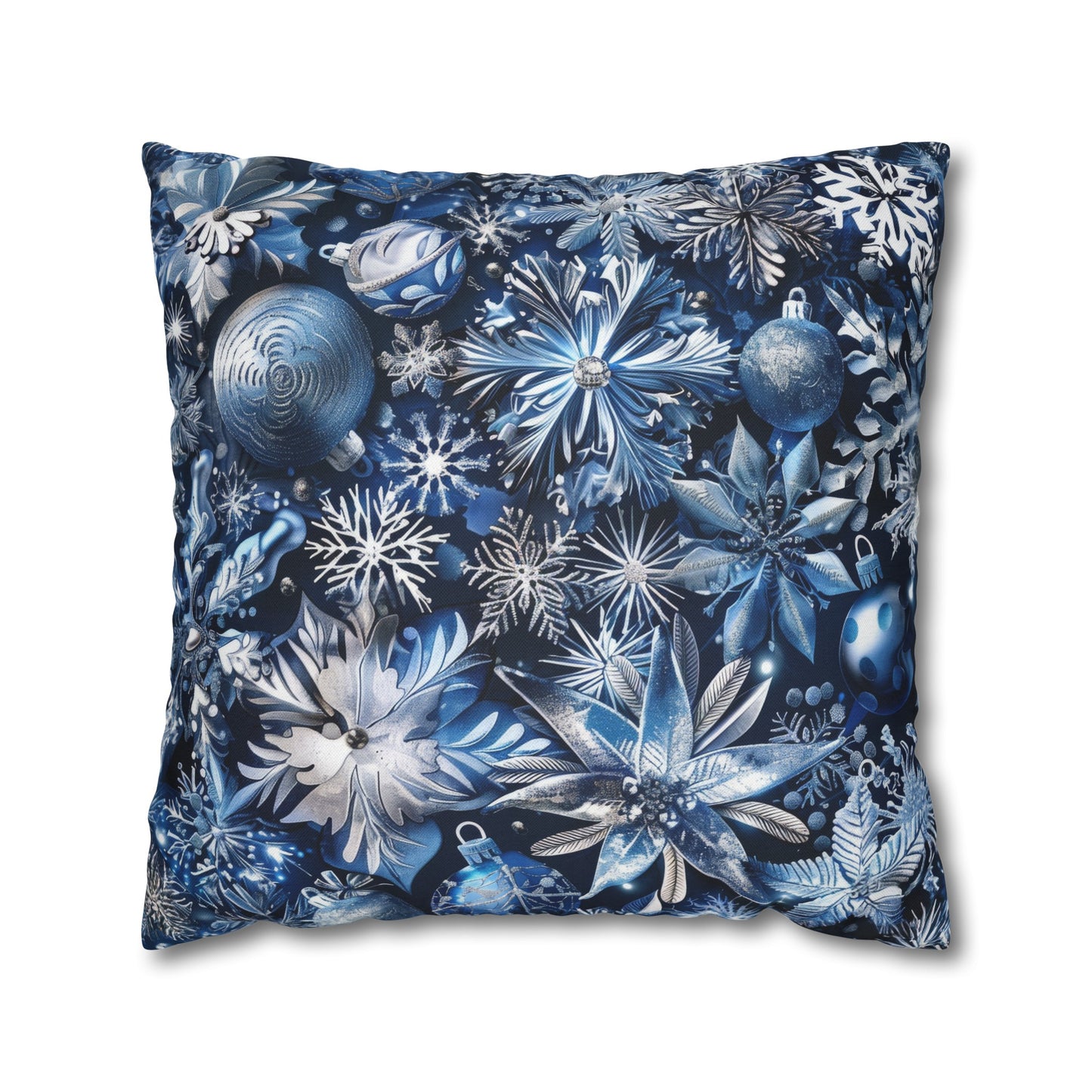 Winter Wonderland Festive Blue and Silver Snowflakes and Ornaments Spun Polyester Square Pillowcase 4 Sizes