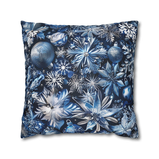 Winter Wonderland Festive Blue and Silver Snowflakes and Ornaments Spun Polyester Square Pillowcase 4 Sizes