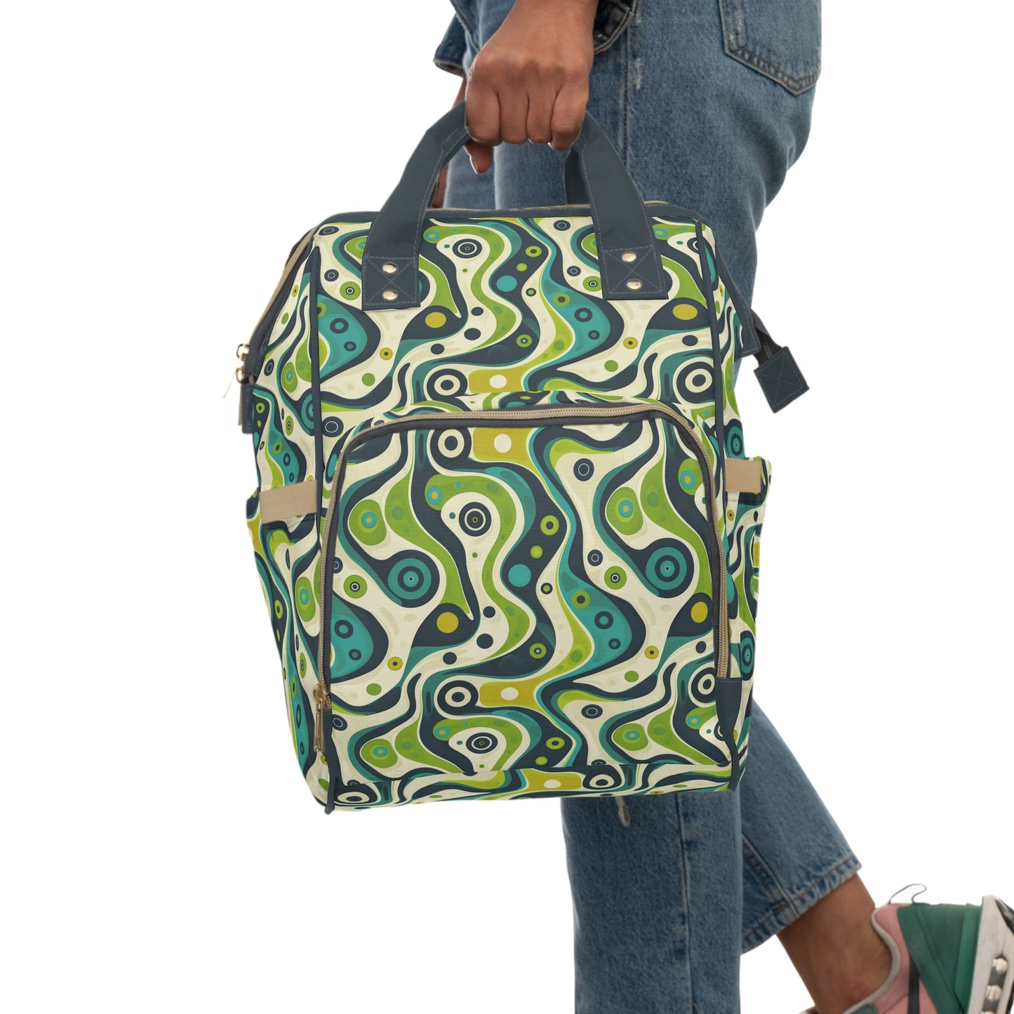 Groovy Retro Greens and Blues Abstract Waves Diaper Backpack