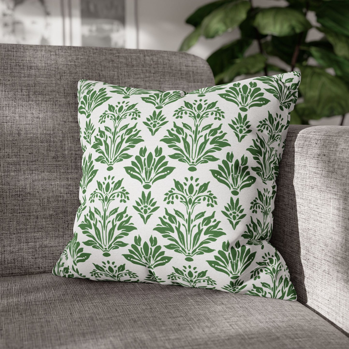 Green Floral Indian Block Print Pattern Spun Polyester Square Pillowcase 4 Sizes