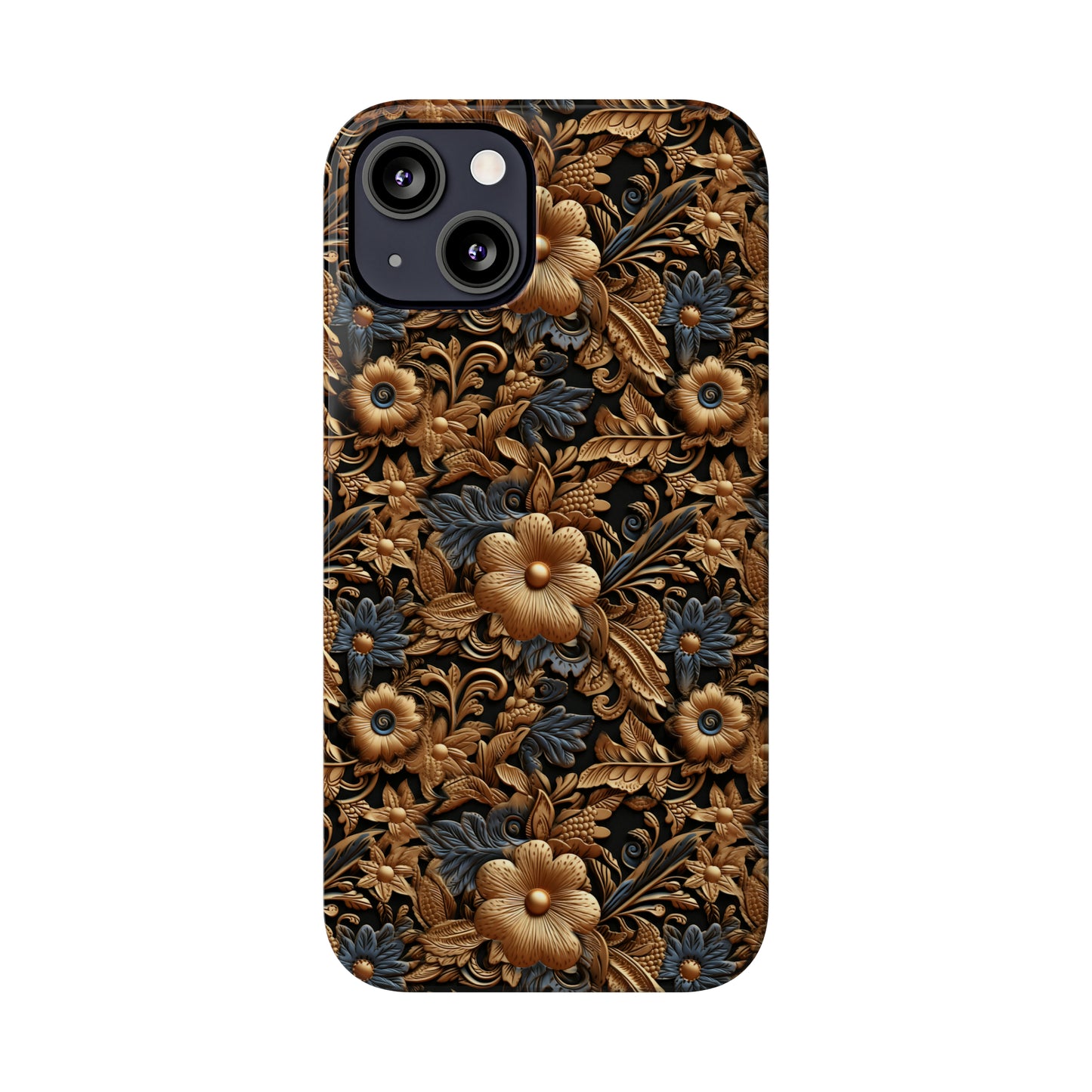 Tooled Leather Gold Flowers with Blue Leaves Accent Print Design Iphone 15-12 Slim Phone Case