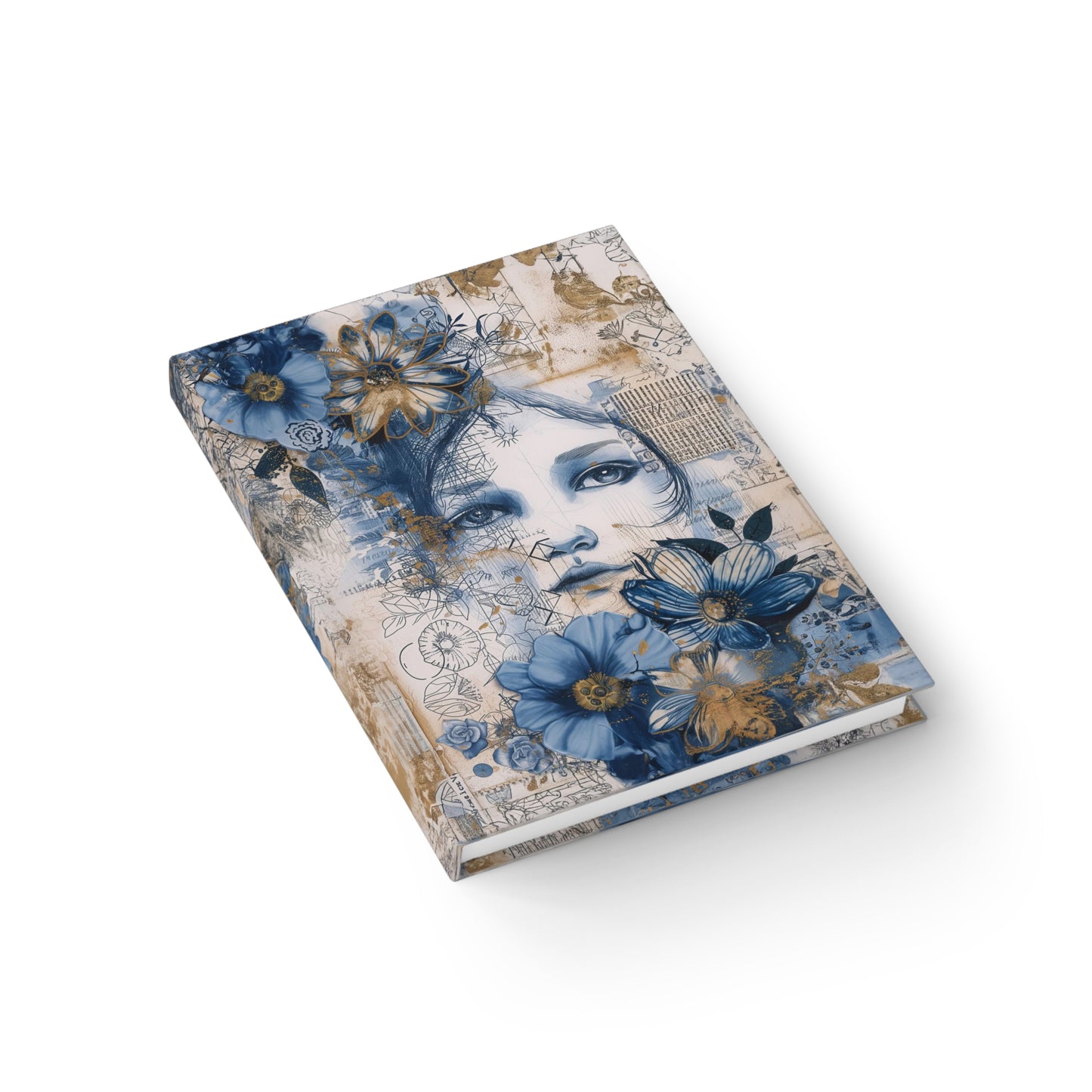 Woman's Enigmatic Gaze Amidst a Sea of Blue Flowers - Hardcover Ruled Line Journal 5" x 7"