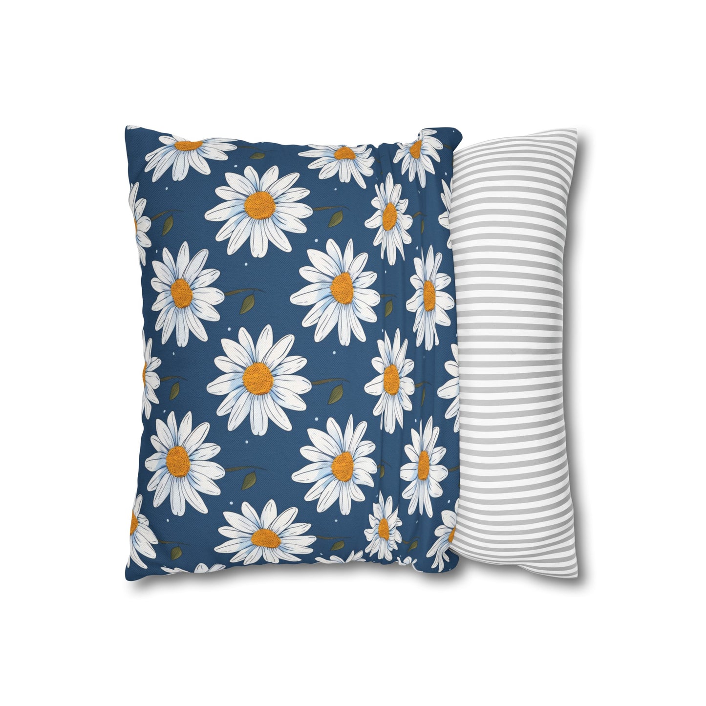 Elegant White Daisies on Navy Blue Background Spun Polyester Square Pillowcase 4 Sizes