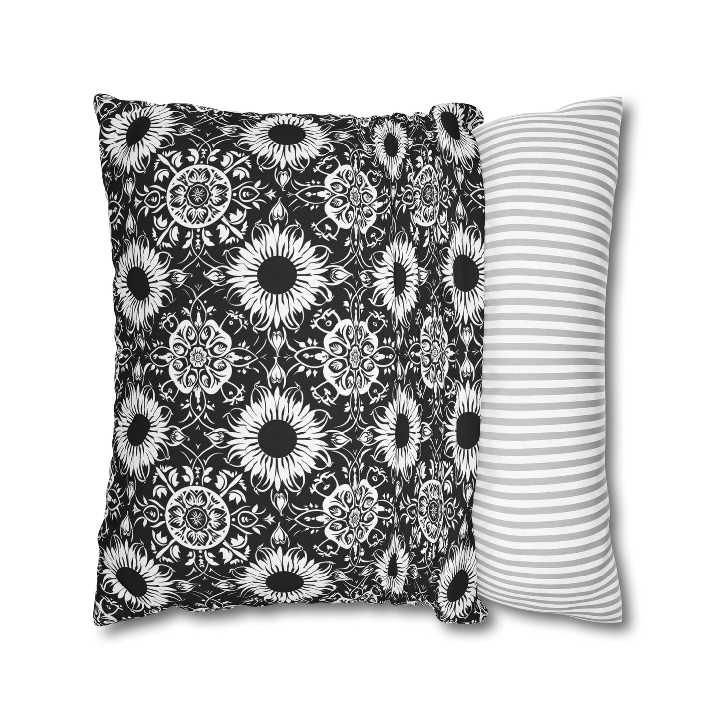 Elegant Mandala Design with Black and White Sunflowers Spun Polyester Square Pillowcase 4 Sizes