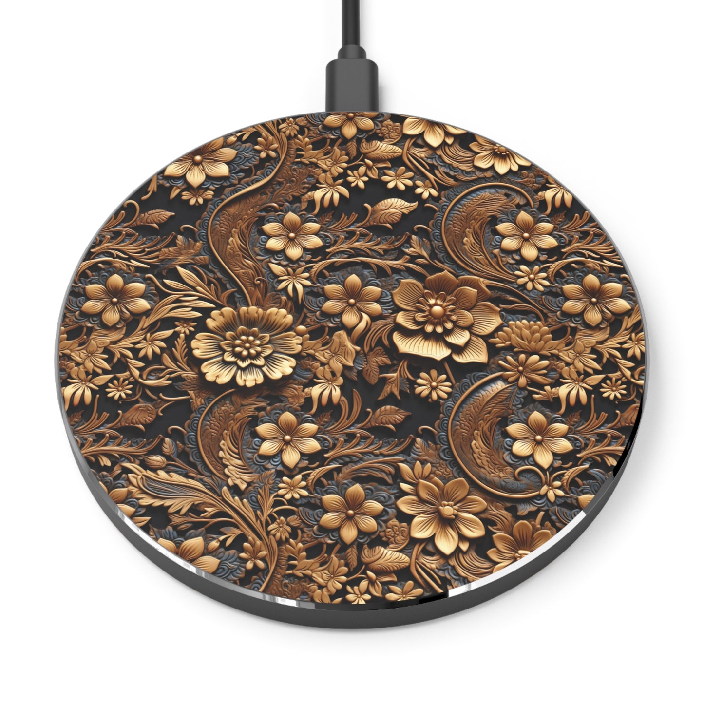 Tooled Leather Large Gold Flowers with Blue Leaf Swirl Accents Print Design Wireless Cell Phone 10W Charger