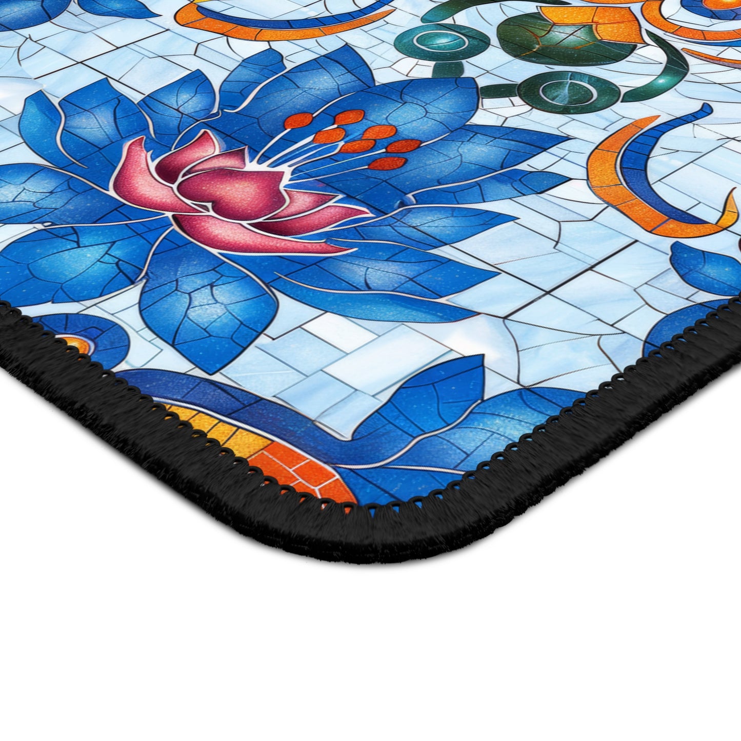 Majestic Mosaic Blossoms Vibrant Blue and Pink Floral Tile Design Mouse Pad with Finished Edges