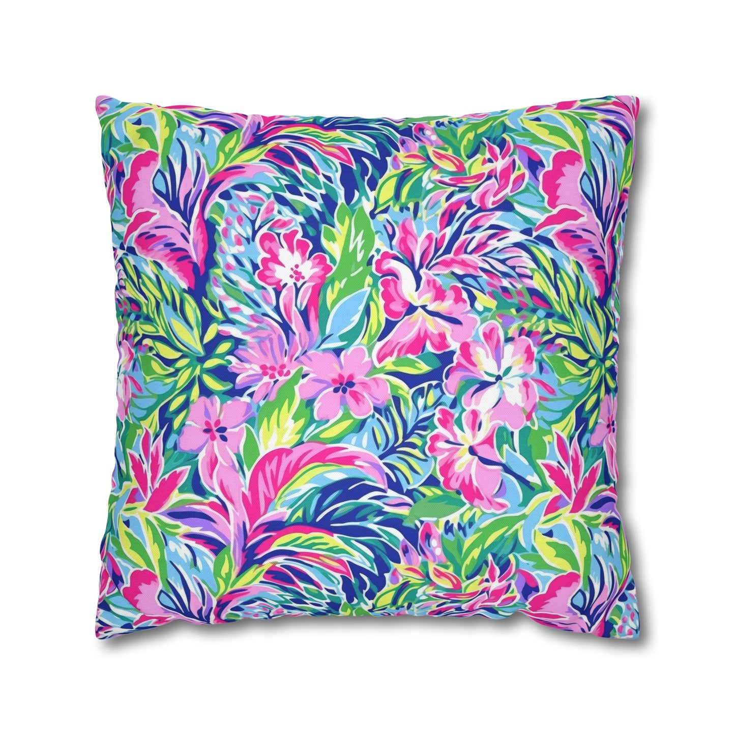 Tropical Serenity: Pink, Green, and Blue Watercolor Floral Delight Spun Polyester Square Pillowcase 4 Sizes