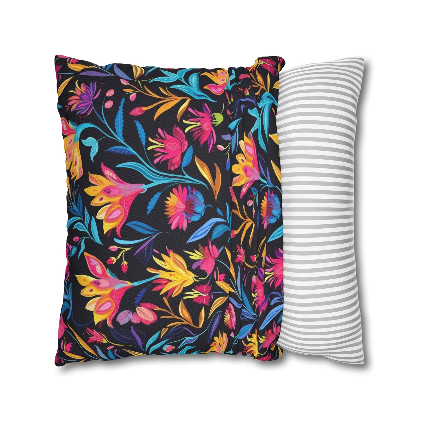 Vibrant Floral Fantasy in Midnight Garden Design Spun Polyester Square Pillowcase 4 Sizes