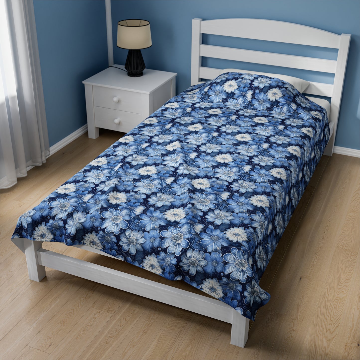 Watercolor Blossom in Blue and White Velveteen Plush Blanket 3 Sizes