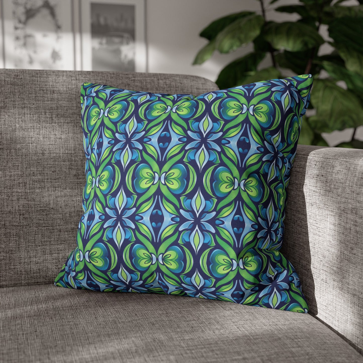 Retro Abstract Blue and Green Floral Pattern Spun Polyester Square Pillowcase 4 Sizes