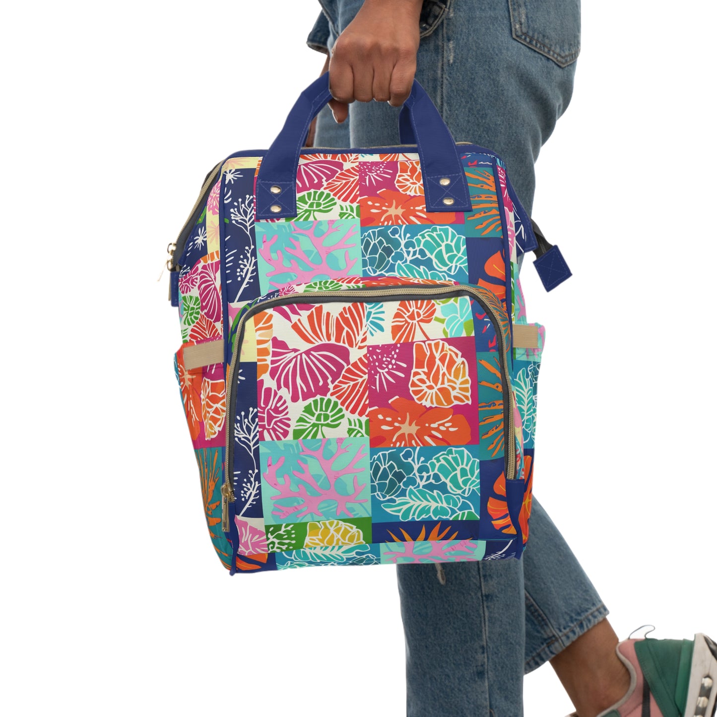 Vibrant Mosaic of Tropical Unique Shapes and Hues, from Vivid Oranges to Deep Blue Leaves and Flowers Multifunctional Diaper Backpack