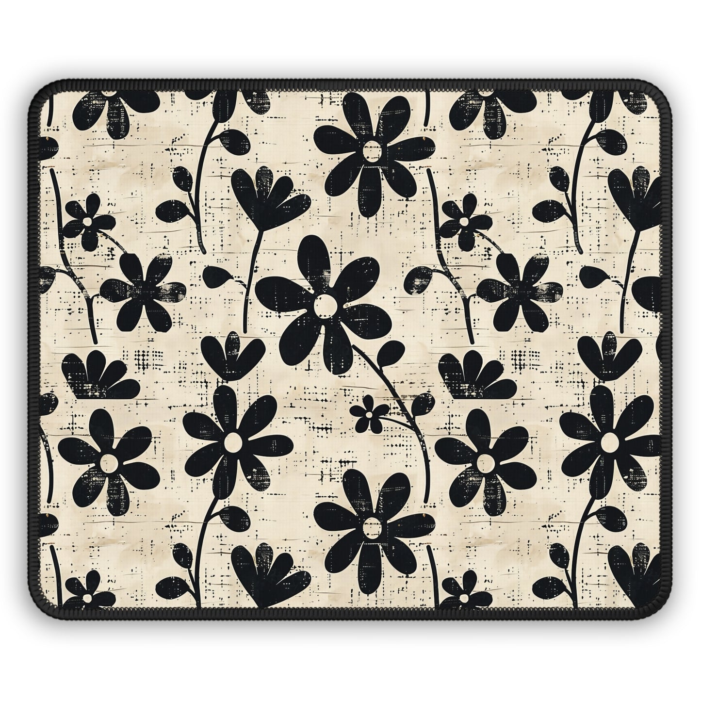 Distressed Black Floral on Beige Background Gaming Mouse Pad with Finished Edges