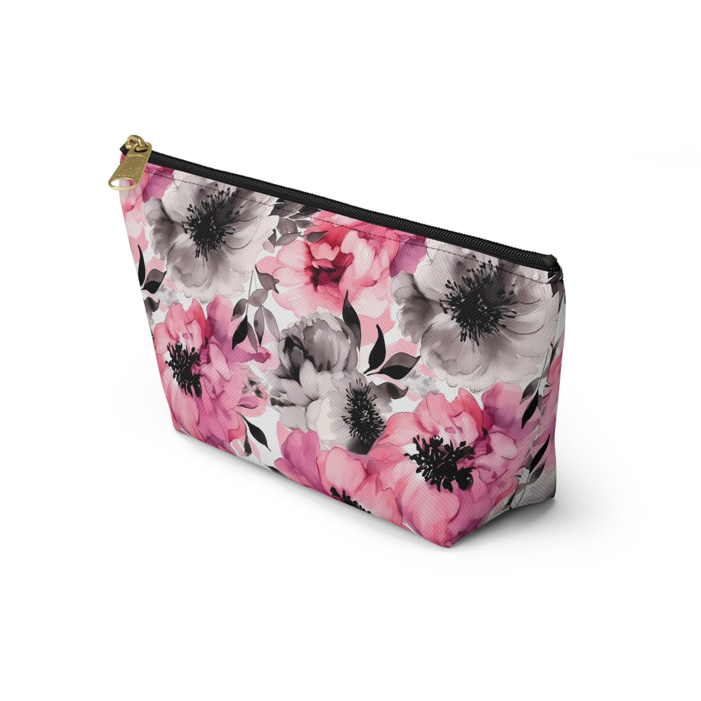 Graceful Elegance: Large Pink and Grey Watercolor Flower Design - Makeup & Accessory Bag 2 Sizes