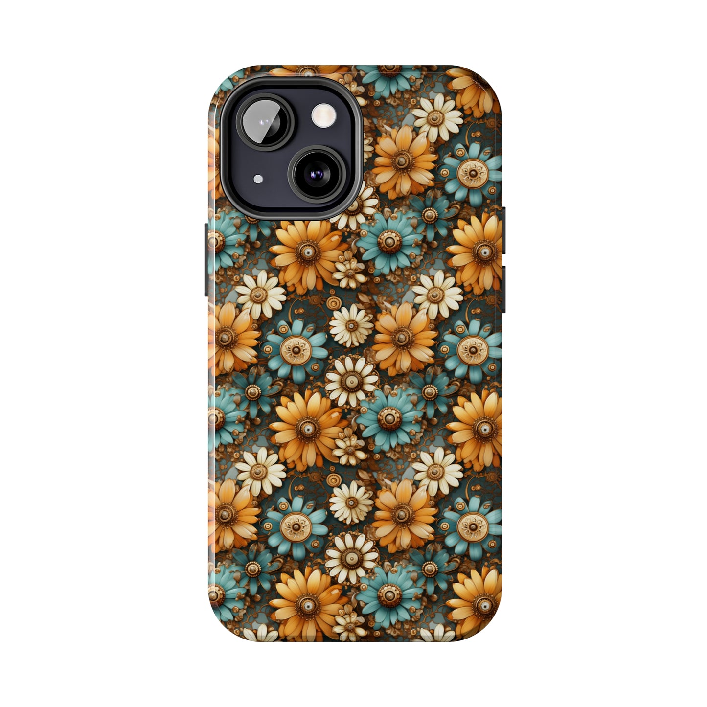 Victorian Steampunk Cream Gold and Teal Flowers with Gears and Mechanical Elements Iphone Tough Phone Case