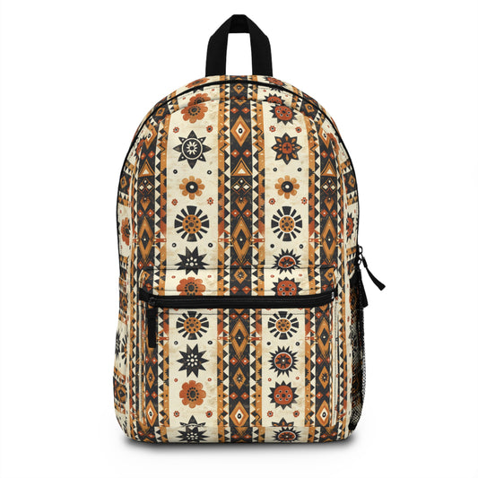 Bohemian Intricate Geometric and Floral Folk Design in Burnt Orange, Deep Brown, and Creamy Beige Lightweight Stylish Durable Backpack (Made in USA)