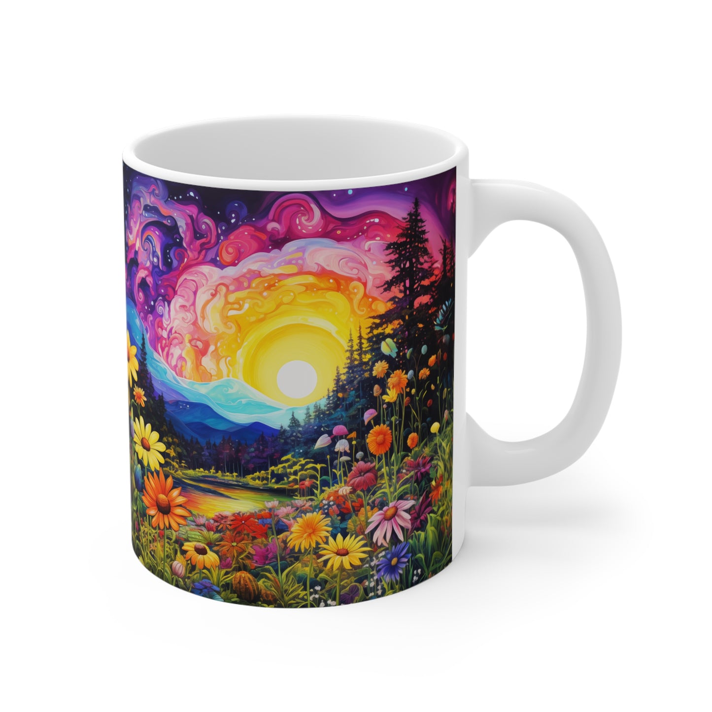 Enchanting Sunrise Over a Whimsical Field of Wildflowers  - 11 oz Coffee