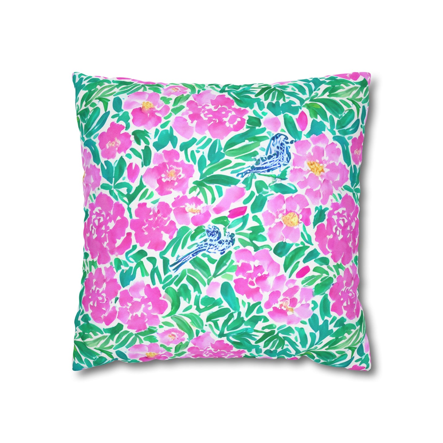 Springtime Whispers: Tiny Birds and Pink Blooms, Subtle Blue Accents, and Lush Green Leaves Spun Polyester Square Pillowcase 4 Sizes