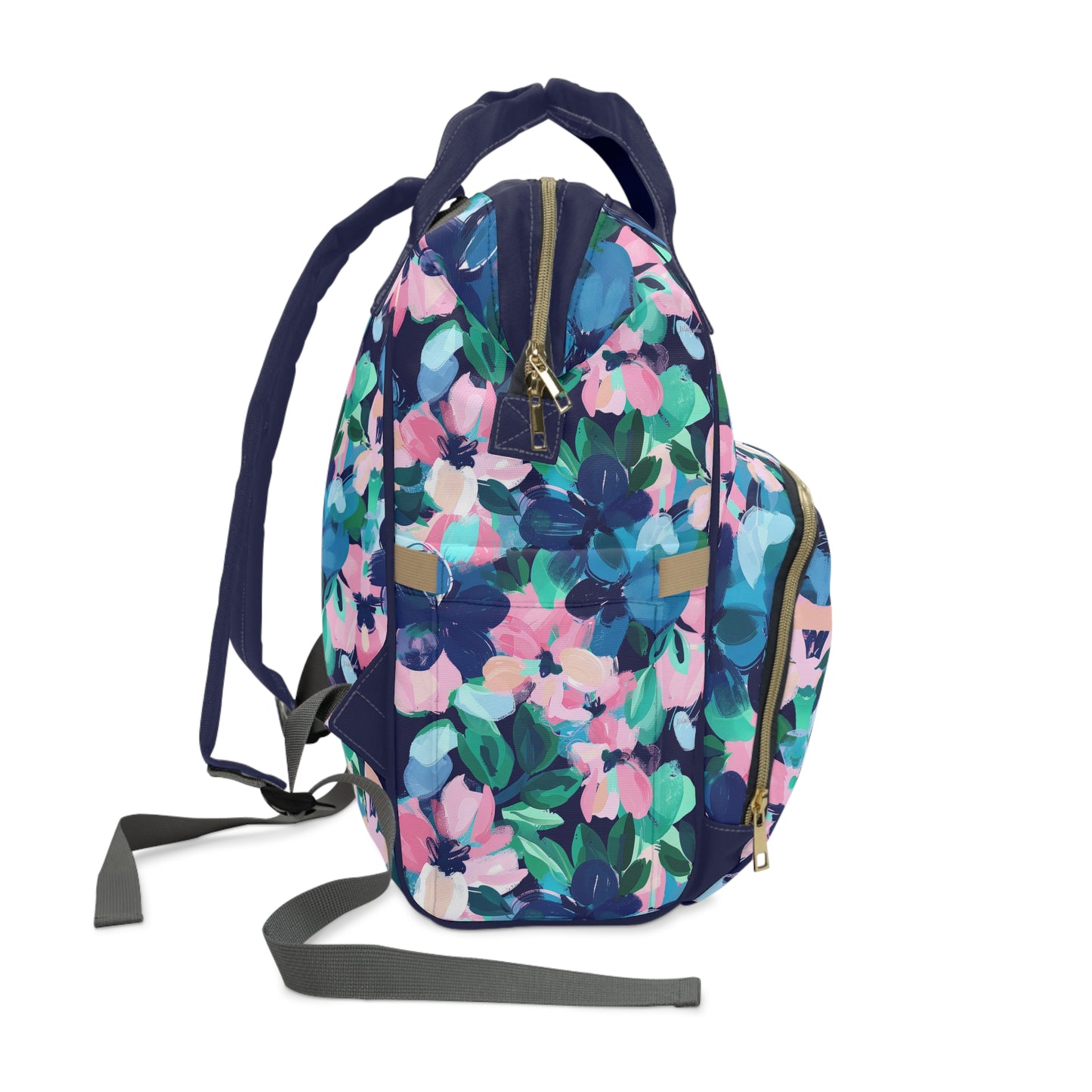 Tranquil Blooms: Muted Blue, Pink, and Green Watercolor Flowers Multifunctional Diaper Backpack