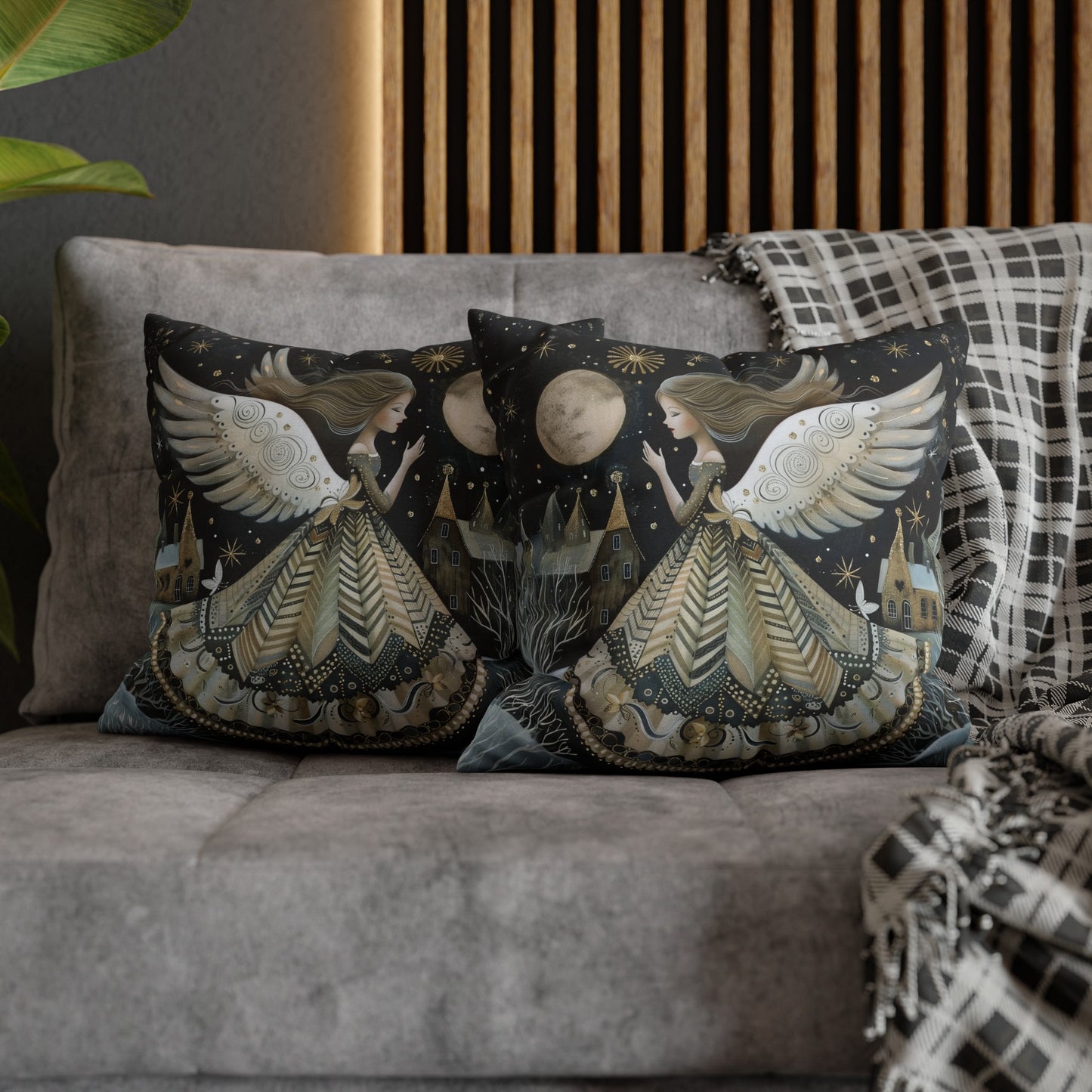 Frosty Angelic Glow: Angel Illuminated by Moonlight on a Snowy Night Spun Polyester Square Pillowcase 4 Sizes