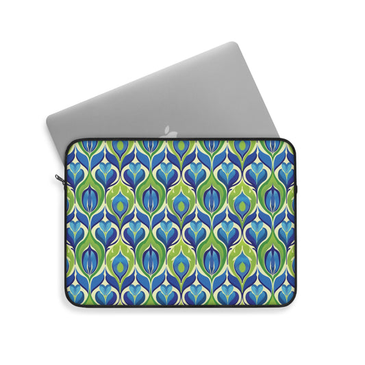 Retro Vibrant Peacock Blue and Green Floral Design Laptop or Ipad Protective Sleeve 3 Sizes Available