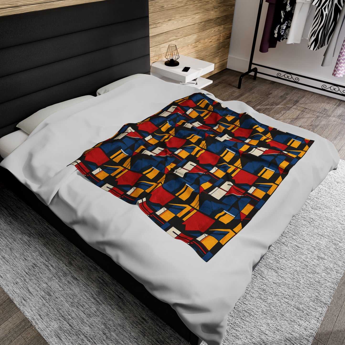 Mondrian-Inspired Bold Primary Colors and Black Lines Abstract Velveteen Plush Blanket 3 Sizes