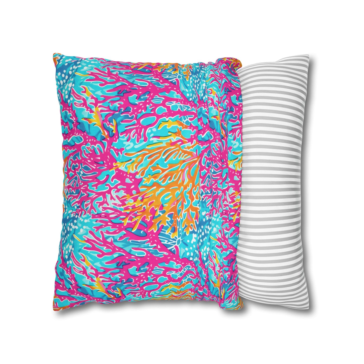 Coral Symphony: Bright Pink, Yellow, and Coral Dancing in the Blue Ocean Spun Polyester Square Pillowcase 4 Sizes