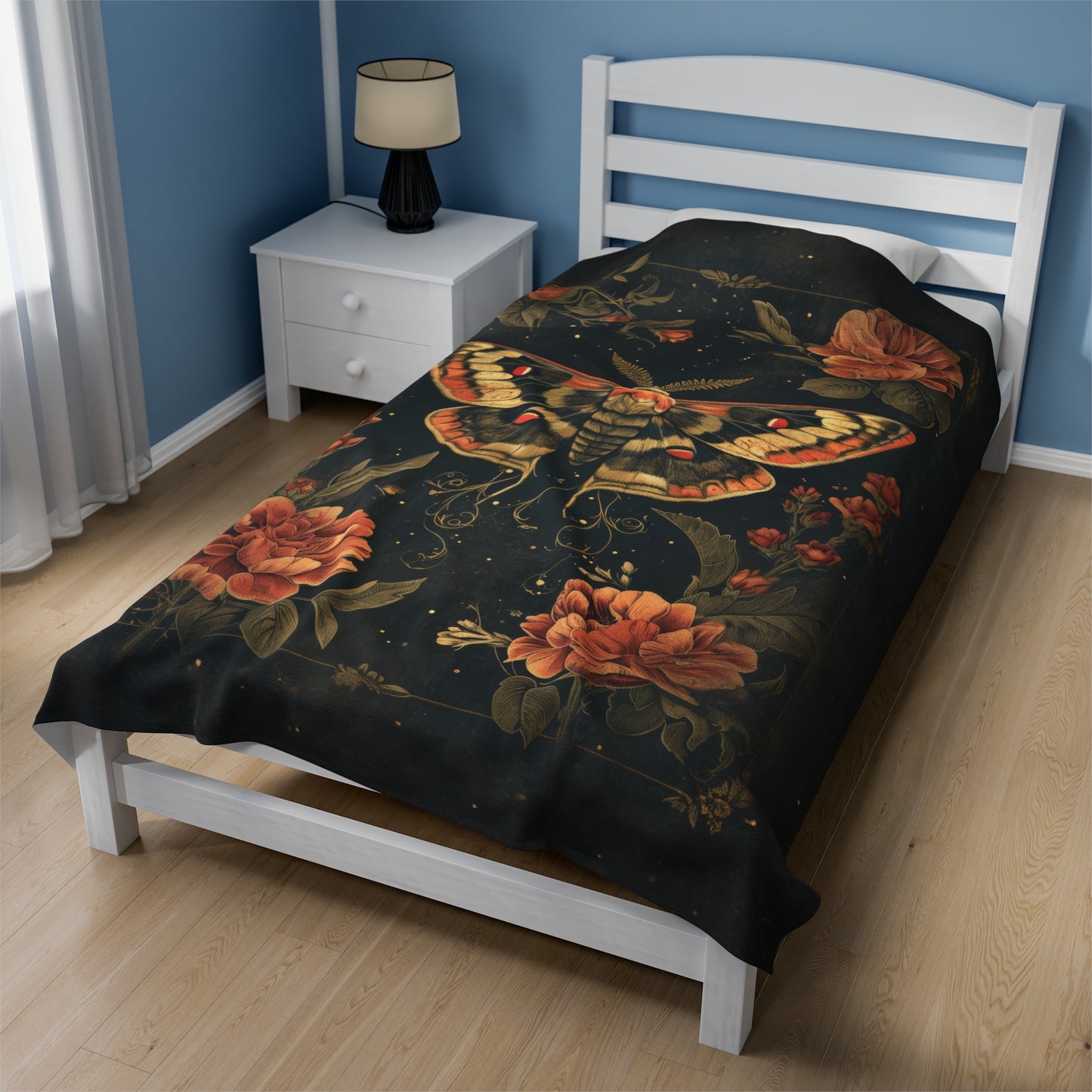 Mystic Midnight Moth with Lush Florals Velveteen Plush Blanket 3 Sizes