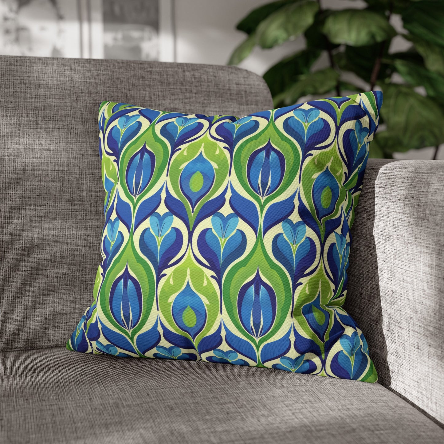 Retro Vibrant Peacock Blue and Green Floral Design Spun Polyester Square Pillowcase 4 Sizes