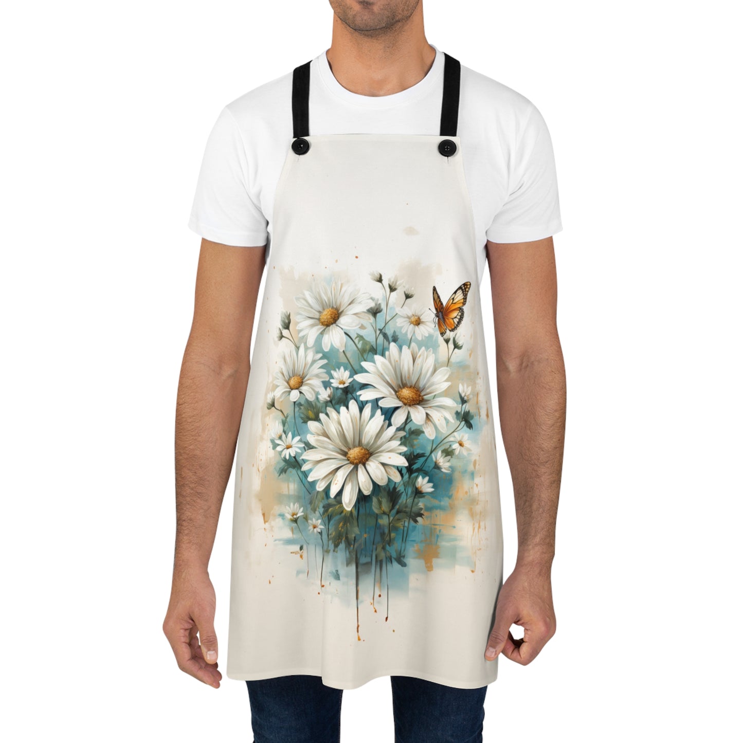 Rustic Farmhouse Teal and White Wild Daisies and Butterflies - Kitchen Chef Apron